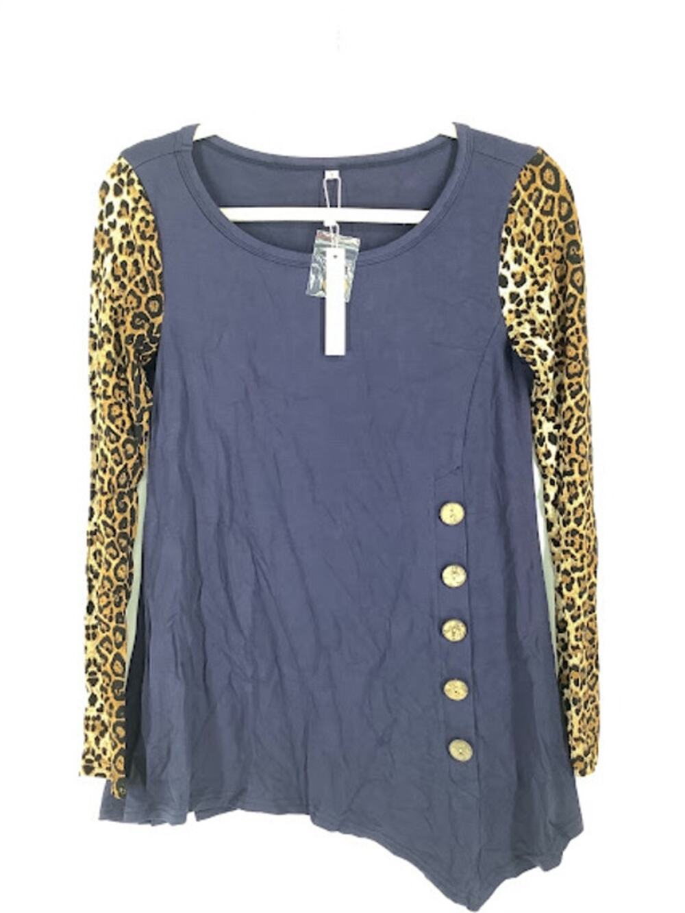 Viishow Women's S Blue Leopard Print Buttoned Pullover Sweater Fall Top